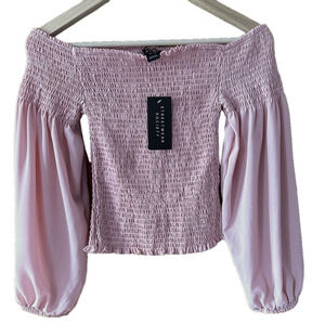 NWT Streetwear Society Pink Off Shoulder Top Puffy Sleeves Shirring Bust - Med